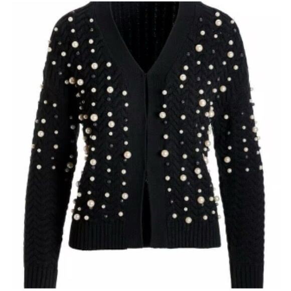 Boston Proper Pearl Embellished Cable Cardigan ~Black ~Brand New Without Tags - Picture 2 of 2